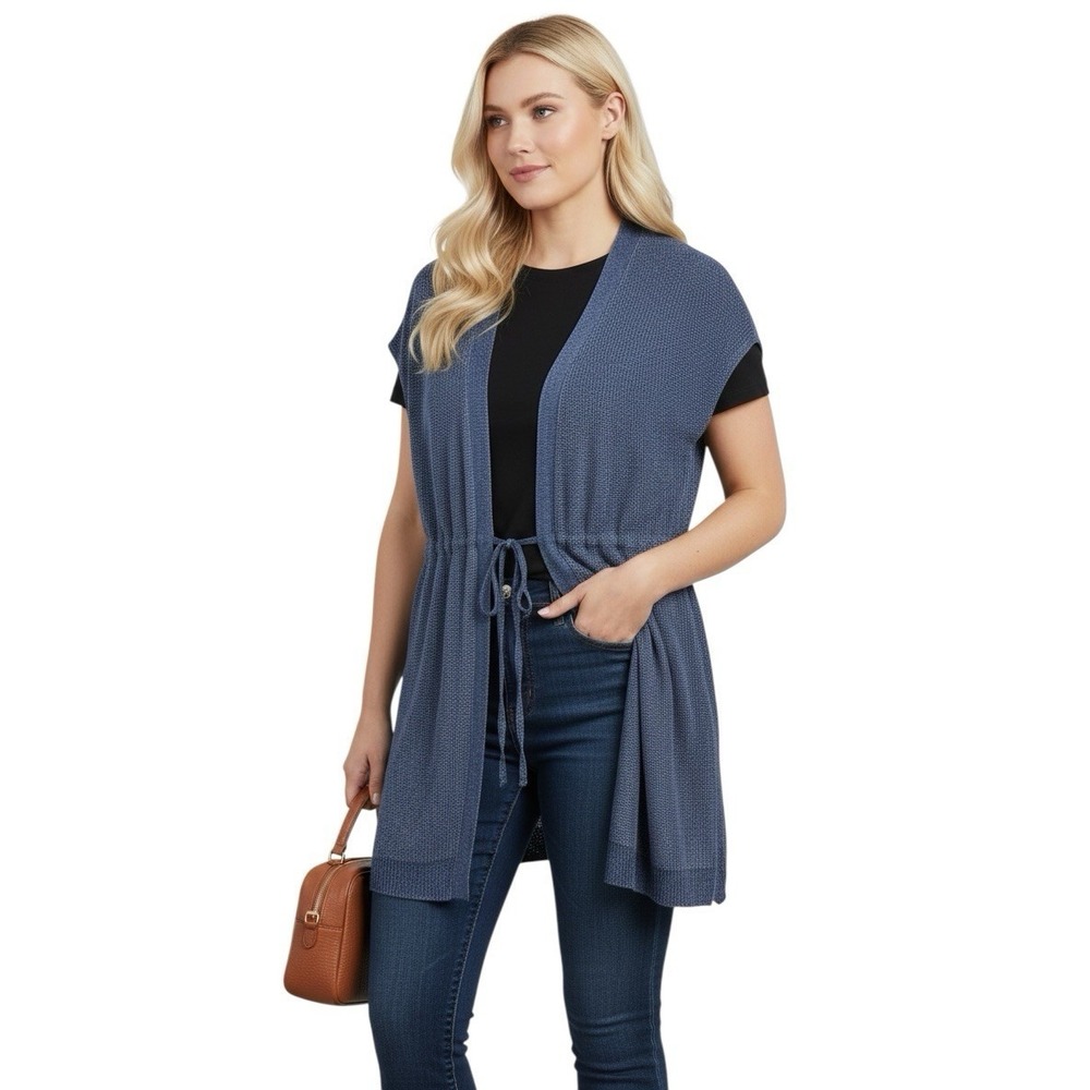 Lafayette 148 Cap Sleeve Cardigan Sweater Hemp Cotton Long Line Size L Blue